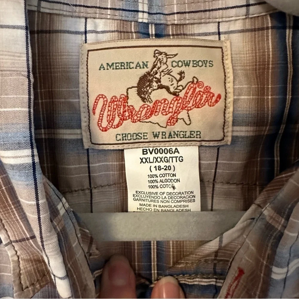 Wrangler Shirt Tan Blue Pearl Snap Rodeo Western Sawtooth Pockets Cowboy Sz XXL